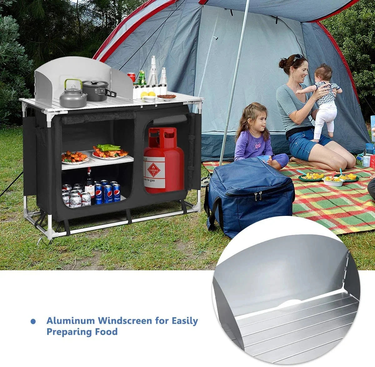 Treasual Portable Camping Kitchen Table, 48 Inch x 21.5 Inch, Windscreen And Storage Organizer