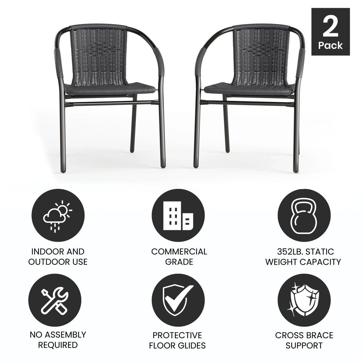 Emma + Oliver Indoor/Outdoor Stacking Rattan Patio Chairs, Set of 2, Gray