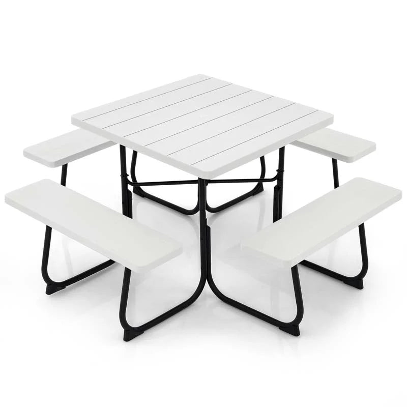 8-Person Outdoor HDPE Square Picnic Table And Bench Set, 67in x 67in x 30in, Metal Frame