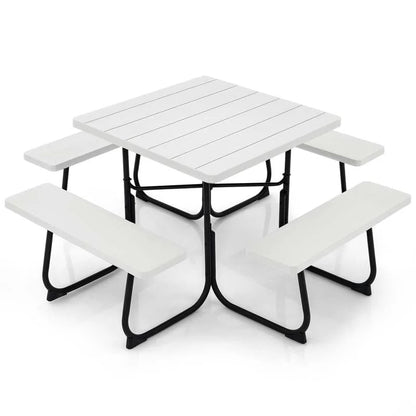 8-Person Outdoor HDPE Square Picnic Table And Bench Set, 67in x 67in x 30in, Metal Frame