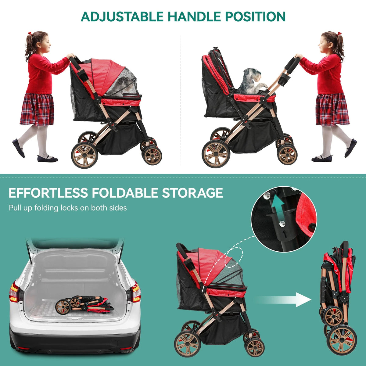 Dextrus 4-Wheel Foldable Pet Stroller With 7-inch Front And 10-inch Rear Wheels, 48.5 lbs Capacity