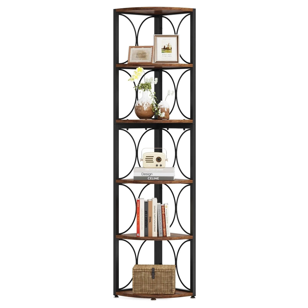67 Inch Tall 6-Tier Freestanding Corner Bookshelf and Storage Shelving Unit