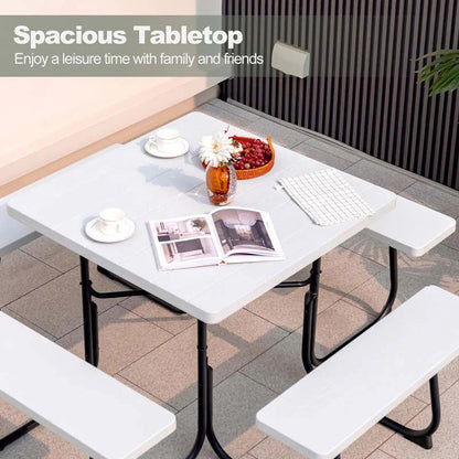 8-Person Outdoor HDPE Square Picnic Table And Bench Set, 67in x 67in x 30in, Metal Frame