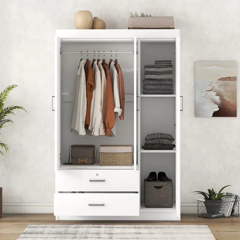 3-Door Wardrobe With 2 Drawers, Shelves And Hanging Rail