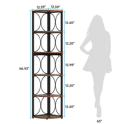 67 Inch Tall 6-Tier Freestanding Corner Bookshelf and Storage Shelving Unit