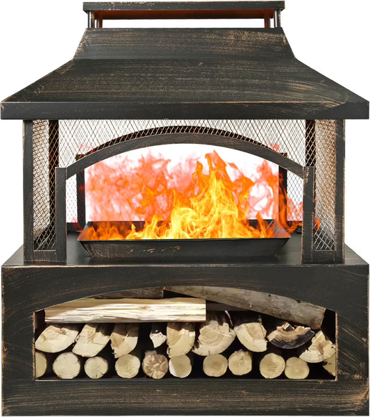 Outdoor Wood-Burning Metal Fireplace Fire Pit With Log Grate And Poker, 37 x 32 x 18 in, Black