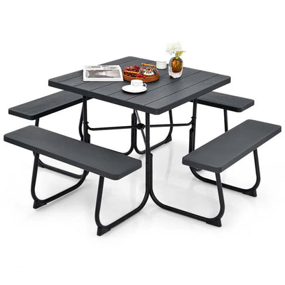 8-Person Outdoor HDPE Square Picnic Table And Bench Set, 67in x 67in x 30in, Metal Frame