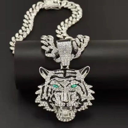 Tiger Head Pendant Necklace With Green Eyes, 13mm Cuban Link Chain, 20in - Gold Or Silvery
