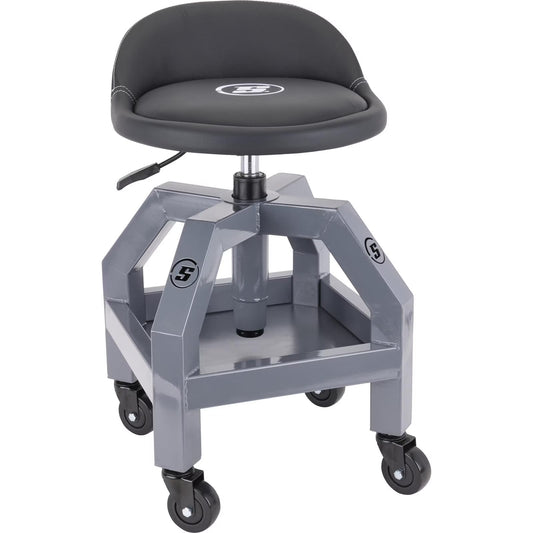 Speedway Motors Adjustable Rolling Shop Stool With Tool Tray, Leather Seat, 13-Inch To 18-3/4-Inch, 330 Pounds