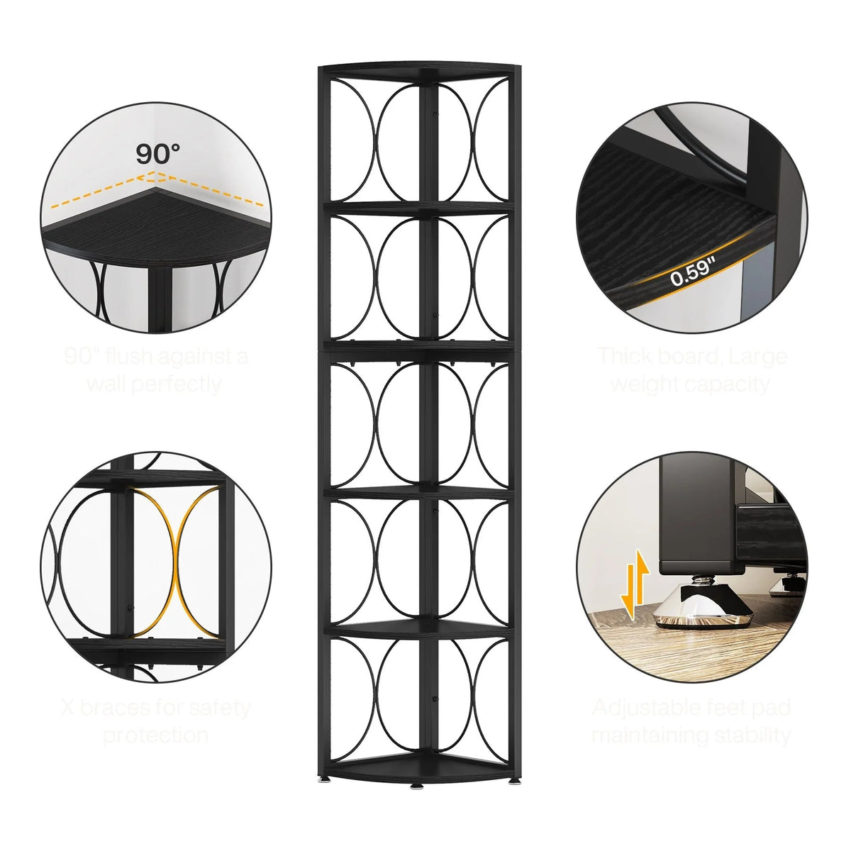 67 Inch Tall 6-Tier Freestanding Corner Bookshelf and Storage Shelving Unit
