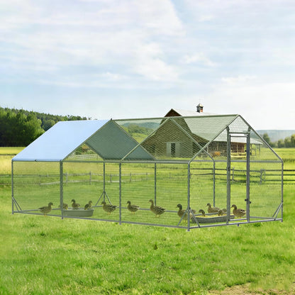 Metal Walk-In Chicken Run Cage With Waterproof Anti-Ultraviolet Cover, 19.6' L x 9.8' W x 6.4' H