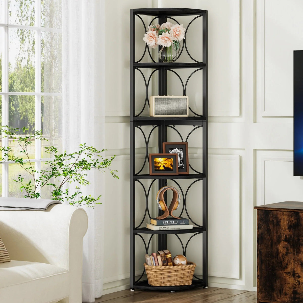67 Inch Tall 6-Tier Freestanding Corner Bookshelf and Storage Shelving Unit