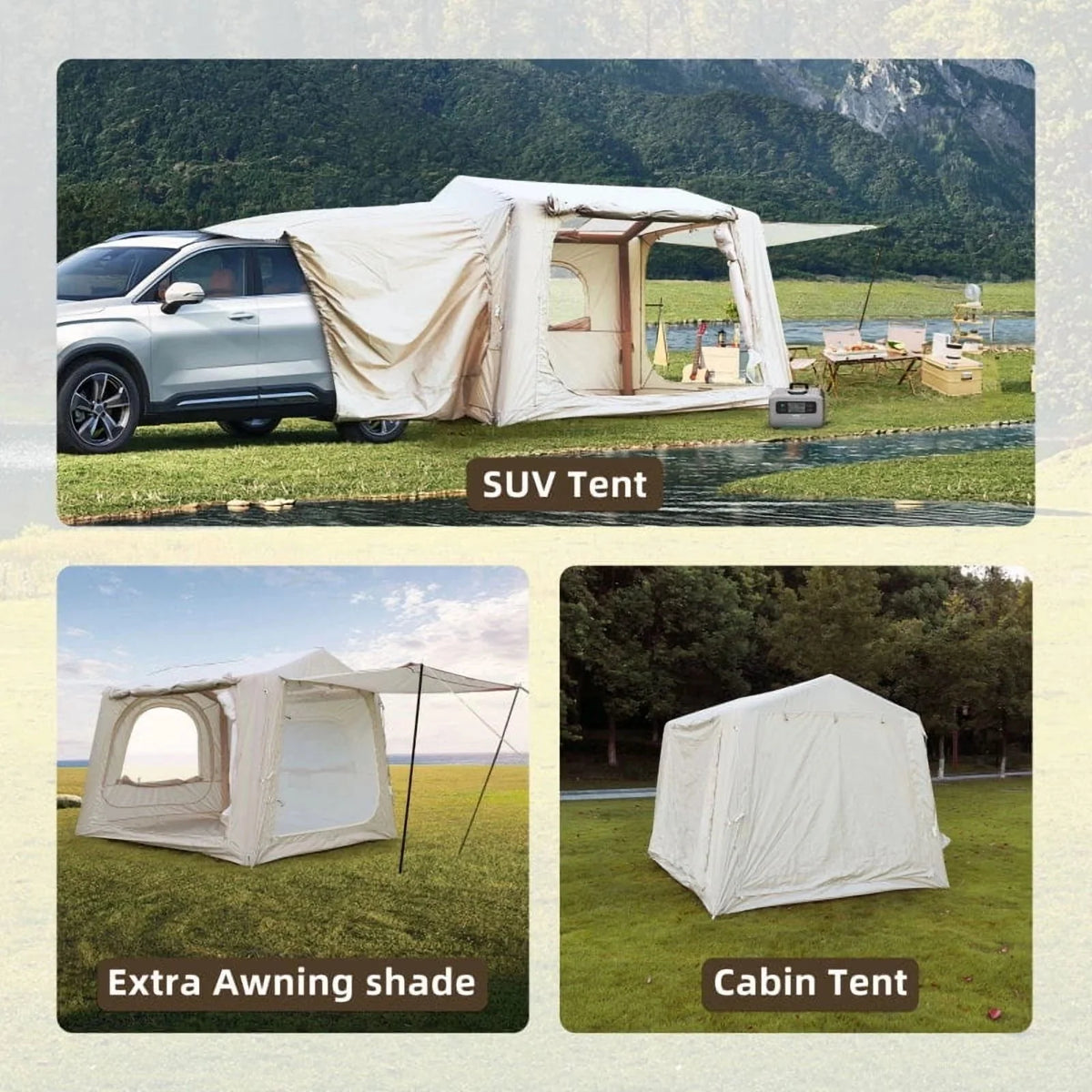 Beige Inflatable Camping Tent, 4-6 Person, 118in L x 98.5in W x 83in H, 4-Season, Oxford