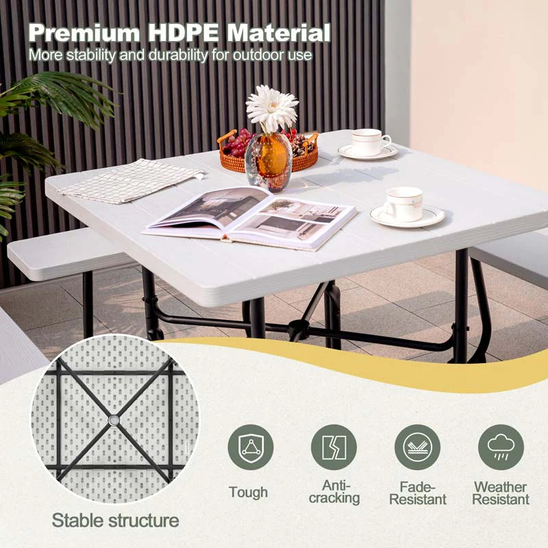 8-Person Outdoor HDPE Square Picnic Table And Bench Set, 67in x 67in x 30in, Metal Frame