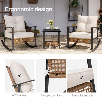 LAUSAINT HOME 3-Piece Rattan Rocking Bistro Set With 2-Tier Coffee Table, Beige