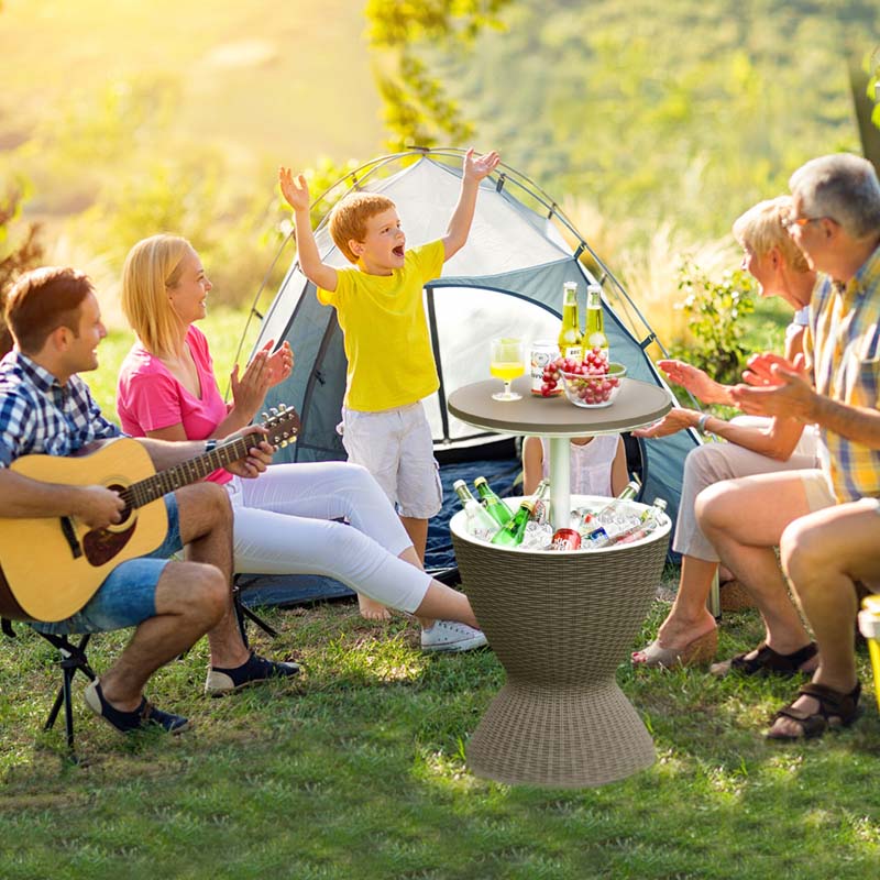 3-in-1 Rattan Outdoor Patio Ice Cooler Side Table, 8 Gal - Adjustable 22.5 in/32.5 in Height