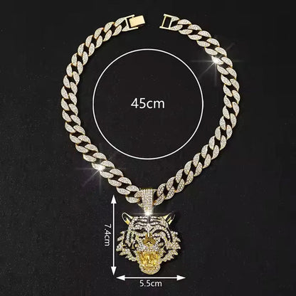 Tiger Head Pendant Necklace With Green Eyes, 13mm Cuban Link Chain, 20in - Gold Or Silvery